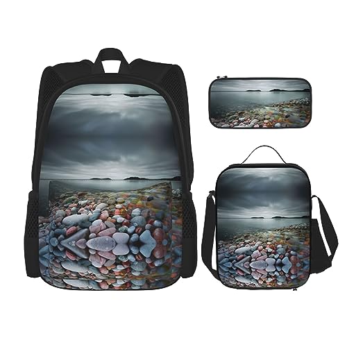 MDATT Schöner Schmetterling Rucksack für Mädchen Büchertaschen Schule mit Lunchbox und Federmäppchen 3 in 1 Schultaschen Set, Strand Stein, Einheitsgröße von MDATT