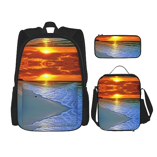 MDATT Schöner Schmetterling Rucksack für Mädchen Büchertaschen Schule mit Lunchbox und Federmäppchen 3 in 1 Schultaschen Set, Strand mit Sonnenuntergang, Einheitsgröße von MDATT