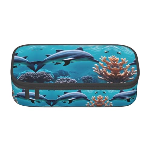 MDATT Schönes Federmäppchen mit Delfinen und Korallen für die Schule, mehrere Fächer, niedliches tragbares Stifteetui, Stifteetui für Schule, Büro, Schwarz , Einheitsgröße, Taschen-Organizer von MDATT