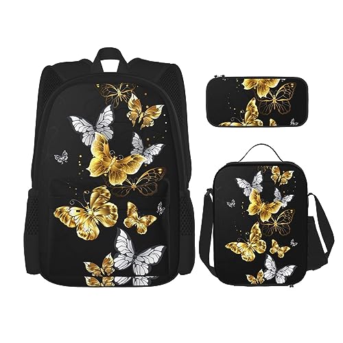 MDATT Schulrucksack für Mädchen, Büchertaschen, Schule mit Lunchbox und Federmäppchen, 3-in-1-Schultaschen-Set, Gold, Weiß, Schmetterlinge, Schwarz, Einheitsgröße von MDATT