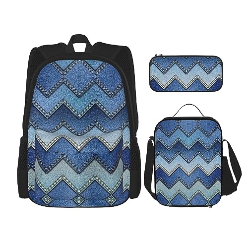 MDATT Schulrucksack für Mädchen, Büchertaschen, Schule mit Lunchbox und Federmäppchen, 3-in-1-Schultaschen-Set, Gradient Blue Denim, Einheitsgröße von MDATT