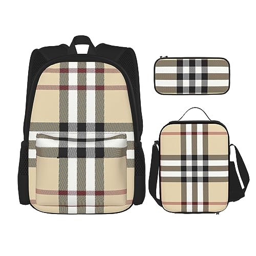 MDATT Schulrucksack für Mädchen, Büchertaschen, Schule mit Lunchbox und Federmäppchen, 3-in-1-Schultaschen-Set, Grau karierte Linien, Einheitsgröße von MDATT