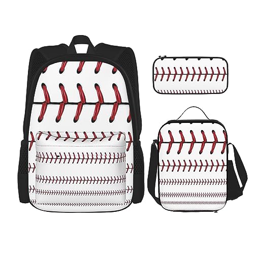 MDATT Strand Golfplatz Rucksack für Mädchen Büchertaschen Schule mit Lunchbox und Federmäppchen 3 in 1 Schultaschen Set, Baseball Softball Red Laces, Einheitsgröße von MDATT