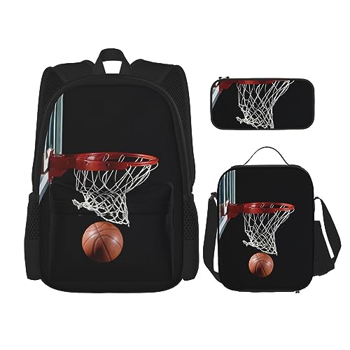 MDATT Strand Golfplatz Rucksack für Mädchen Büchertaschen Schule mit Lunchbox und Federmäppchen 3 in 1 Schultaschen Set, Basketball, Einheitsgröße von MDATT