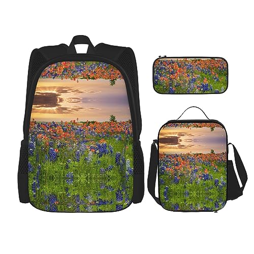 MDATT Ukrainische Stickerei Stil Rose Rucksack für Mädchen Büchertaschen Schule mit Lunchbox und Federmäppchen 3 in 1 Schultaschen Set, Texas Bluebonnets Landschaft, Einheitsgröße von MDATT