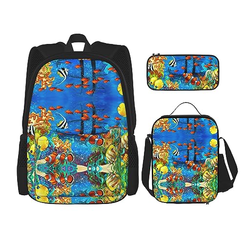 MDATT Ukrainische Stickerei Stil Rose Rucksack für Mädchen Büchertaschen Schule mit Lunchbox und Federmäppchen 3 in 1 Schultaschen Set, The Underwater World Tropical Fish, Einheitsgröße von MDATT