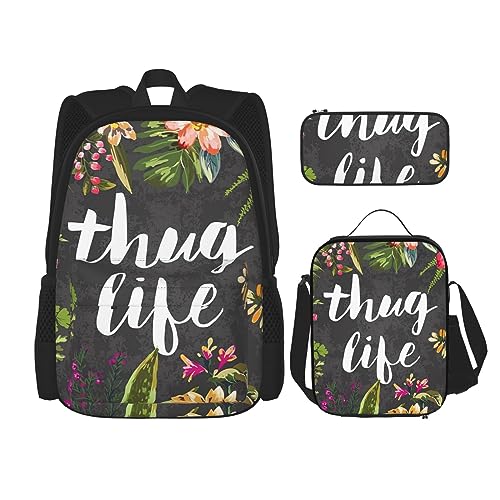 MDATT Ukrainische Stickerei Stil Rose Rucksack für Mädchen Büchertaschen Schule mit Lunchbox und Federmäppchen 3 in 1 Schultaschen Set, Thug Life Blumen, Einheitsgröße von MDATT