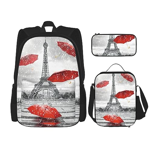 MDATT Ukrainische Stickerei Stil Rose Rucksack für Mädchen Büchertaschen Schule mit Lunchbox und Federmäppchen 3 in 1 Schultaschen Set, Turm mit rotem Regenschirm, Einheitsgröße von MDATT