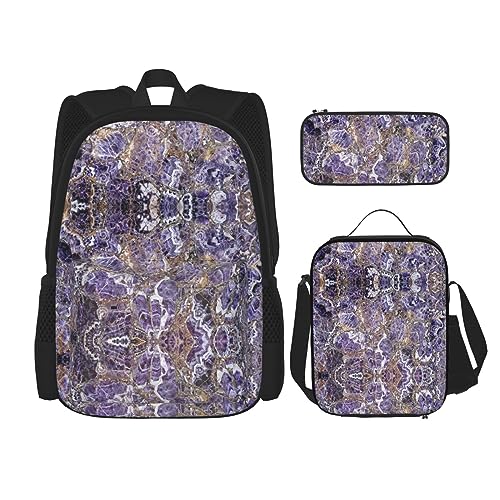 MDATT Viele Igel Rucksack für Mädchen Büchertaschen Schule mit Lunchbox und Federmäppchen 3 in 1 Schultaschen Set, Marmor lila, Einheitsgröße von MDATT