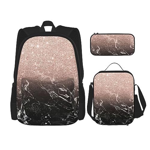 MDATT Viele Igel Rucksack für Mädchen Büchertaschen Schule mit Lunchbox und Federmäppchen 3 in 1 Schultaschen Set, Marmorfarbe Rotgold, Einheitsgröße von MDATT