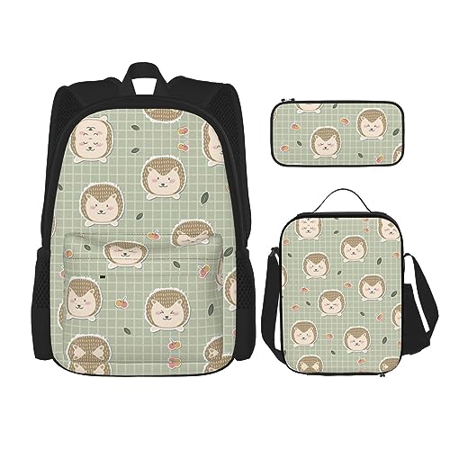 MDATT Viele Igel Rucksack für Mädchen Büchertaschen Schule mit Lunchbox und Federmäppchen 3 in 1 Schultaschen Set, Viele Igel, Einheitsgröße von MDATT