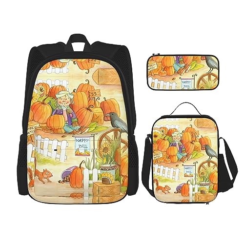 MDATT Weißkopfseeadler Rucksack für Mädchen Büchertaschen Schule mit Lunchbox und Federmäppchen 3 in 1 Schultaschen Set, Herbst-Sonnenblumenkürbisse., Einheitsgröße von MDATT