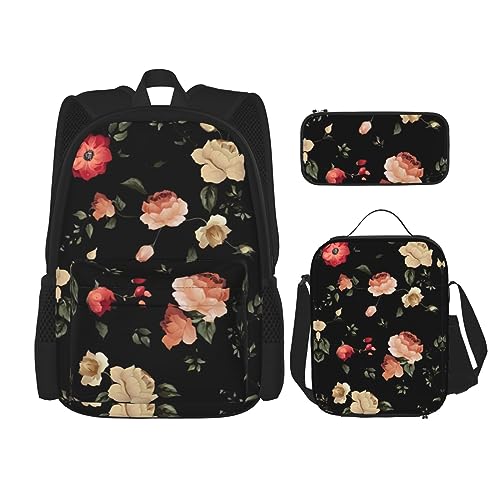 MDATT Weißkopfseeadler Rucksack für Mädchen Büchertaschen Schule mit Lunchbox und Federmäppchen 3 in 1 Schultaschen Set, Herbstliches schönes Blumenmuster, Einheitsgröße von MDATT