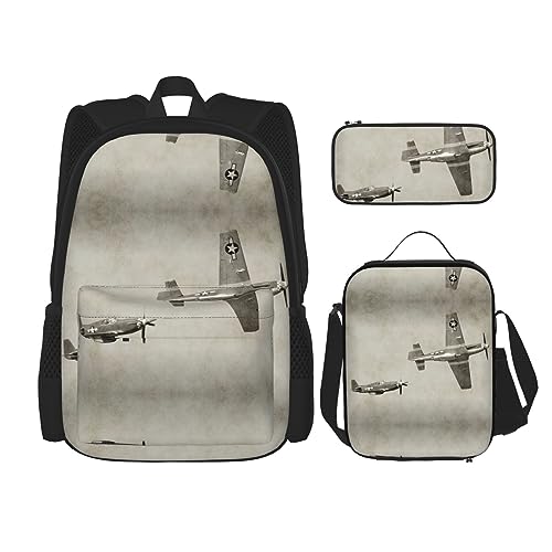 MDATT Weltkrieg 2 Flugzeug Flugzeug Rucksack für Mädchen Büchertaschen Schule mit Lunchbox und Federmäppchen 3 in 1 Schultaschen Set, 2. Weltkrieg Flugzeug, Einheitsgröße von MDATT