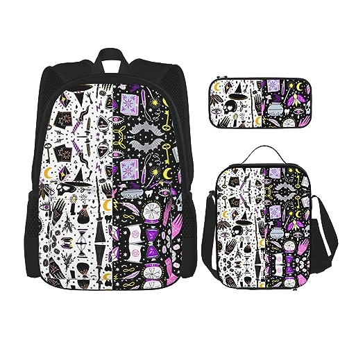 Magische Hexe Hexerei Bohemian Zeichnung Rucksack für Mädchen Büchertaschen Schule mit Lunchbox und Federmäppchen 3 in 1 Schultaschen Set, Magische Hexe Hexerei böhmische Zeichnung, Einheitsgröße von MDATT