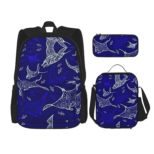 Magische Hexe Hexerei Bohemian Zeichnung Rucksack für Mädchen Büchertaschen Schule mit Lunchbox und Federmäppchen 3 in 1 Schultaschen Set, Manta Ray und Fisch, Einheitsgröße von MDATT