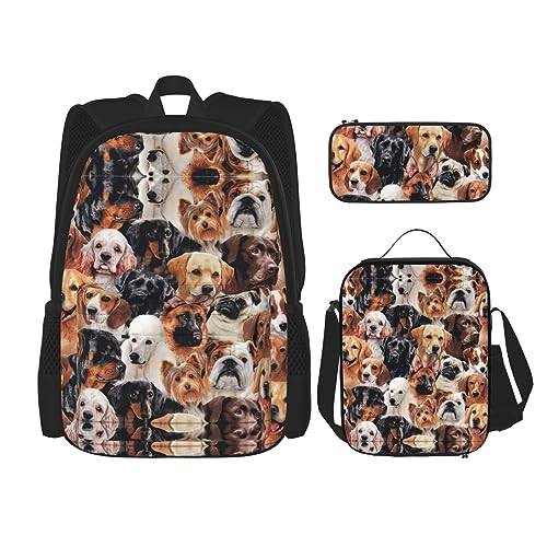 Magische Hexe Hexerei Bohemian Zeichnung Rucksack für Mädchen Büchertaschen Schule mit Lunchbox und Federmäppchen 3 in 1 Schultaschen Set, Viele Hunde, Einheitsgröße von MDATT