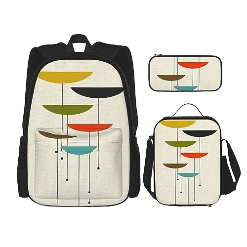 Mid Century Modern Prints Rucksack für Mädchen Büchertaschen Schule mit Lunchbox und Federmäppchen 3 in 1 Schultaschen Set, Moderne Drucke von Mid Century, Einheitsgröße von MDATT