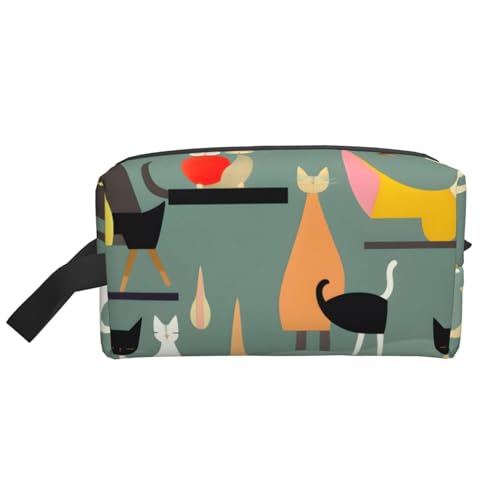 Mid-Century Moderne Katzen-Aufbewahrungstasche, kleine Make-up-Tasche für Geldbörse, Reise-Make-up-Tasche, Mini-Kosmetiktasche für Herren, Moderne Katzenkunst aus der Mitte des Jahrhunderts, von MDATT