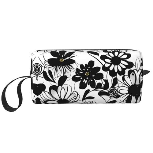 Schwarze und weiße Blumen-Aufbewahrungstasche, kleine Make-up-Tasche für Geldbörse, Reise-Make-up-Tasche, Mini-Kosmetiktasche für Herren, Schwarz-weiße Blumen, Einheitsgröße von MDATT