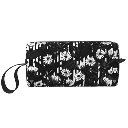 Schwarze und weiße gestreifte Blumen-Aufbewahrungstasche, kleine Make-up-Tasche für Geldbörse, Reise-Make-up-Tasche, Mini-Kosmetiktasche für Herren, Schwarz-weiß gestreifte Blumen, Einheitsgröße von MDATT