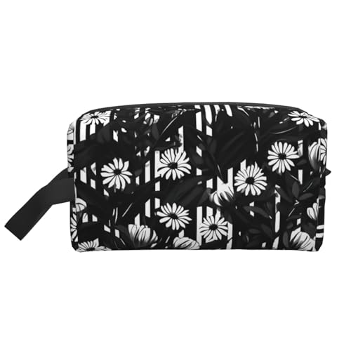 Schwarze und weiße gestreifte Blumen-Aufbewahrungstasche, kleine Make-up-Tasche für Geldbörse, Reise-Make-up-Tasche, Mini-Kosmetiktasche für Herren, Schwarz-weiß gestreifte Blumen, Einheitsgröße von MDATT