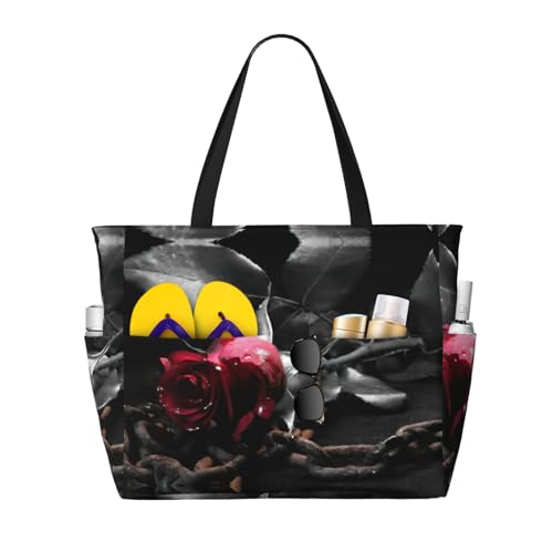 Strandtasche, Gothic, schwarze Rosen, extra groß, faltbar, Strandtasche für Sandpool, für Damen, Urlaub, Schwarz , Einheitsgröße von MDATT