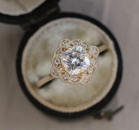 Vintage Floral Ring Rose Gold Kissen Moissanite Verlobungsringe Einzigartige Filigrane Brautring Jahrestag Geschenk Für Frauen von MDJEWEL