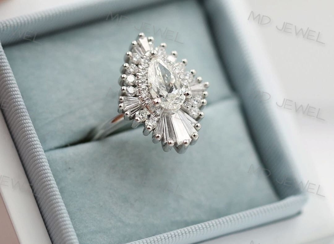 Moissanite Ehering Starburst Halo Pear Cut, 14K Weißgold Verlobungsring, Jubiläumsring, Brautring, Geschenk Für Sie von MDJEWEL