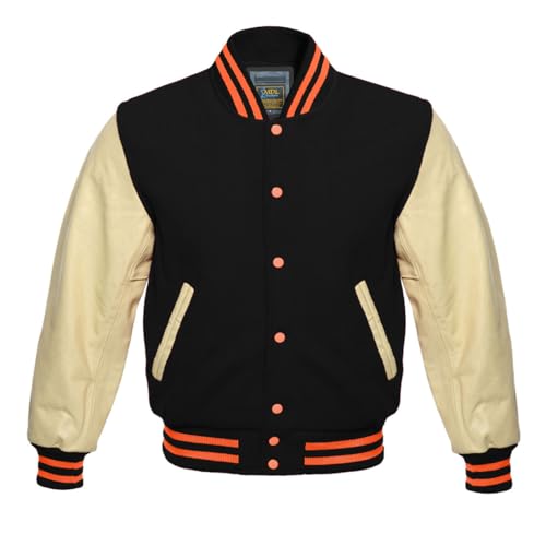 MDL FASHION Men Varsity Jacket Letterman Baseball Bomber Jacket Wool Leather Black Gream Orange (DE/NL/SE/PL, Alphanumerisch, L, Regular, Regular, Black-Cream-Orange) von MDL FASHION