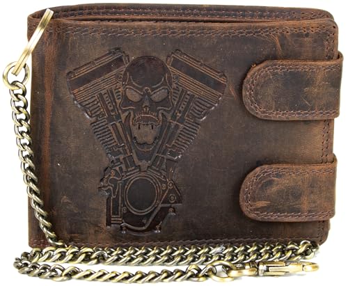 Biker Geldbörse Herren Cognac Leder mit Totenkopf & V2-Motor Prägung – Portemonnaie mit Kette, RFID Schutz, 10 Kartenfächern, Münzfach & Reißverschlussfach – Rocker Geldbeutel Motorrad Style (Braun) von MDM