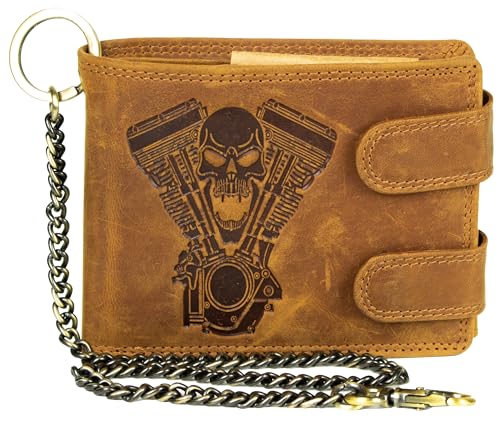 Biker Geldbörse Herren Cognac Leder mit Totenkopf & V2-Motor Prägung – Portemonnaie mit Kette, RFID Schutz, 10 Kartenfächern, Münzfach & Reißverschlussfach – Rocker Geldbeutel Motorrad Style (Cognac) von MDM