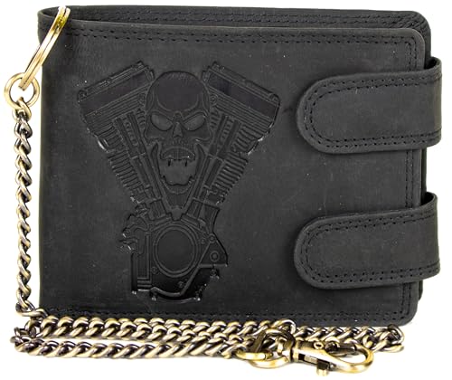 Biker Geldbörse Herren Cognac Leder mit Totenkopf & V2-Motor Prägung – Portemonnaie mit Kette, RFID Schutz, 10 Kartenfächern, Münzfach & Reißverschlussfach – Rocker Geldbeutel Motorrad Style (Schwarz) von MDM