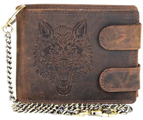 Biker Geldbörse Herren Schwarz Echtleder mit Wolf-Prägung & Kette – Portemonnaie mit RFID Schutz, 10 Kartenfächern, Münzfach & Reißverschlussfach – Leder Geldbeutel im Rocker Style (Braun) von MDM