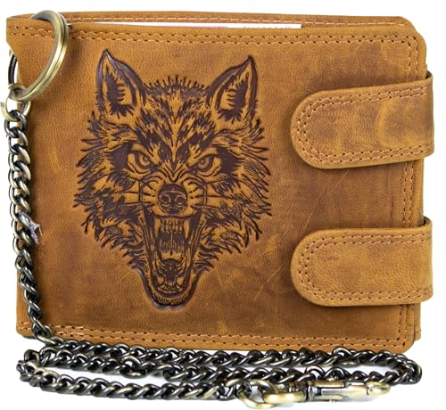 Biker Geldbörse Herren Schwarz Echtleder mit Wolf-Prägung & Kette – Portemonnaie mit RFID Schutz, 10 Kartenfächern, Münzfach & Reißverschlussfach – Leder Geldbeutel im Rocker Style (Cognac) von MDM