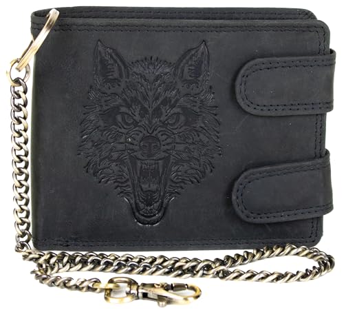 Biker Geldbörse Herren Schwarz Echtleder mit Wolf-Prägung & Kette – Portemonnaie mit RFID Schutz, 10 Kartenfächern, Münzfach & Reißverschlussfach – Leder Geldbeutel im Rocker Style (Schwarz) von MDM