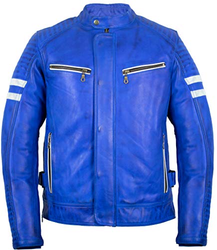 Herren Biker Motorrad Jacke Lederjacke mit Protektoren, Rindsleder (Blau, Gr. M) von MDM