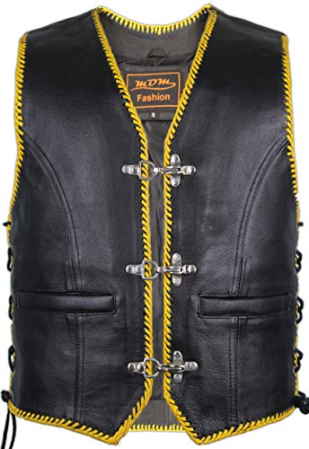 Herren Lederweste mit gelben Kordeln, 3 Schnallen, Clubweste, Rockerweste, Bikerweste (M) von MDM