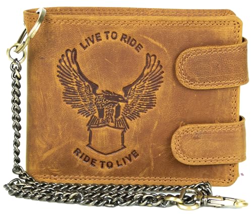MDM Biker Geldbörse Herren Schwarz Echtleder mit Kette & Adler-Prägung - Portemonnaie mit RFID Schutz (Cognac) von MDM