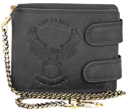 MDM Biker Geldbörse Herren Schwarz Echtleder mit Kette & Adler-Prägung - Portemonnaie mit RFID Schutz (Schwarz) von MDM