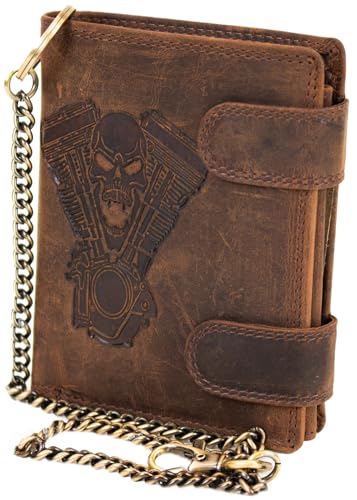 MDM Biker Geldbörse aus echtem Leder mit Metallkette und Totenkopf V-Twin-Prägung (Braun) von MDM