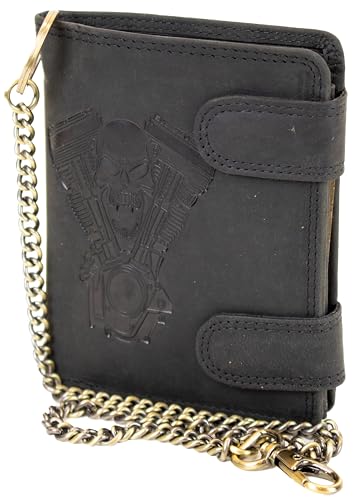 MDM Biker Geldbörse aus echtem Leder mit Metallkette und Totenkopf V-Twin-Prägung (Schwarz) von MDM