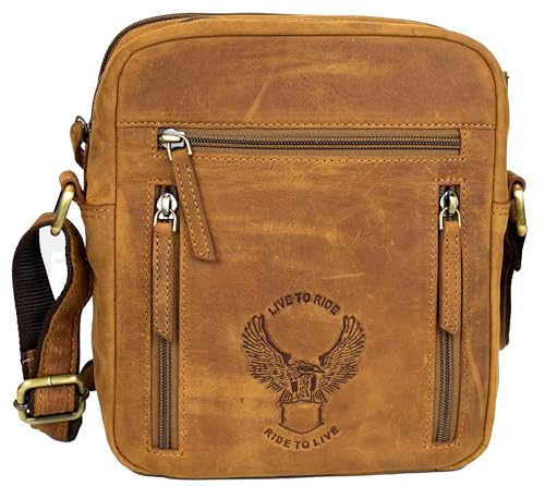 MDM Biker Leder Umhängetasche aus Echtleder, 23 x 20 x 7,5 cm, Schultertasche mit Adler-Prägung Crossbody (Cognac) von MDM