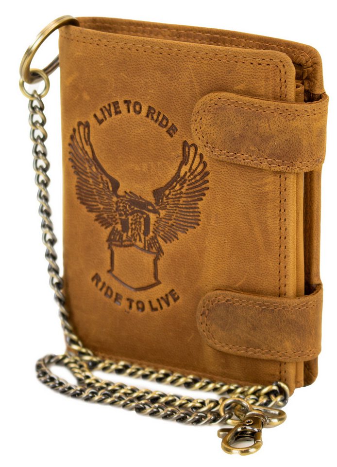 MDM Brieftasche Biker Geldbörse aus echtem Leder mit Metallkette und Adler-Prägung, 100 % Rindsleder Vintage-Design von MDM