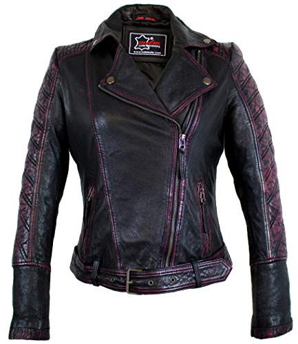 MDM Damen Biker Lederjacke aus echtem Leder in schwarz mit roten Applikationen (38) von MDM