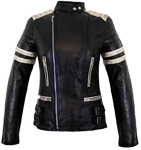 MDM Damen Retro Motorrad Lederjacke Schwarz/Weiß (2XL) von MDM