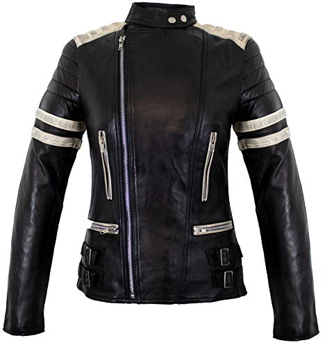 MDM Damen Retro Motorrad Lederjacke Schwarz/Weiß (L) von MDM