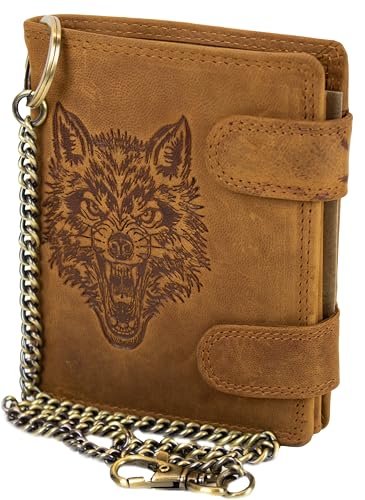 MDM Herren Biker Geldbörse aus Leder mit Kette, Hochformat Portemonnaie mit Sicherheitskette - Bikerkombibörse (Hell Braun) von MDM
