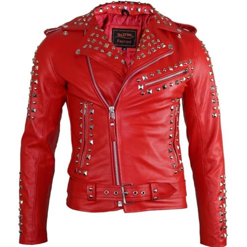 MDM Herren Biker Lederjacke mit Nieten Verzierung, Rot, Rindsleder (Gr. 3XL) von MDM