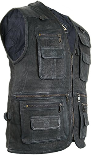 MDM Herren Lederweste, Freizeitweste, Jagdweste, Anglerweste, Velour Schwarz, Lammleder (Gr. 2XL) von MDM